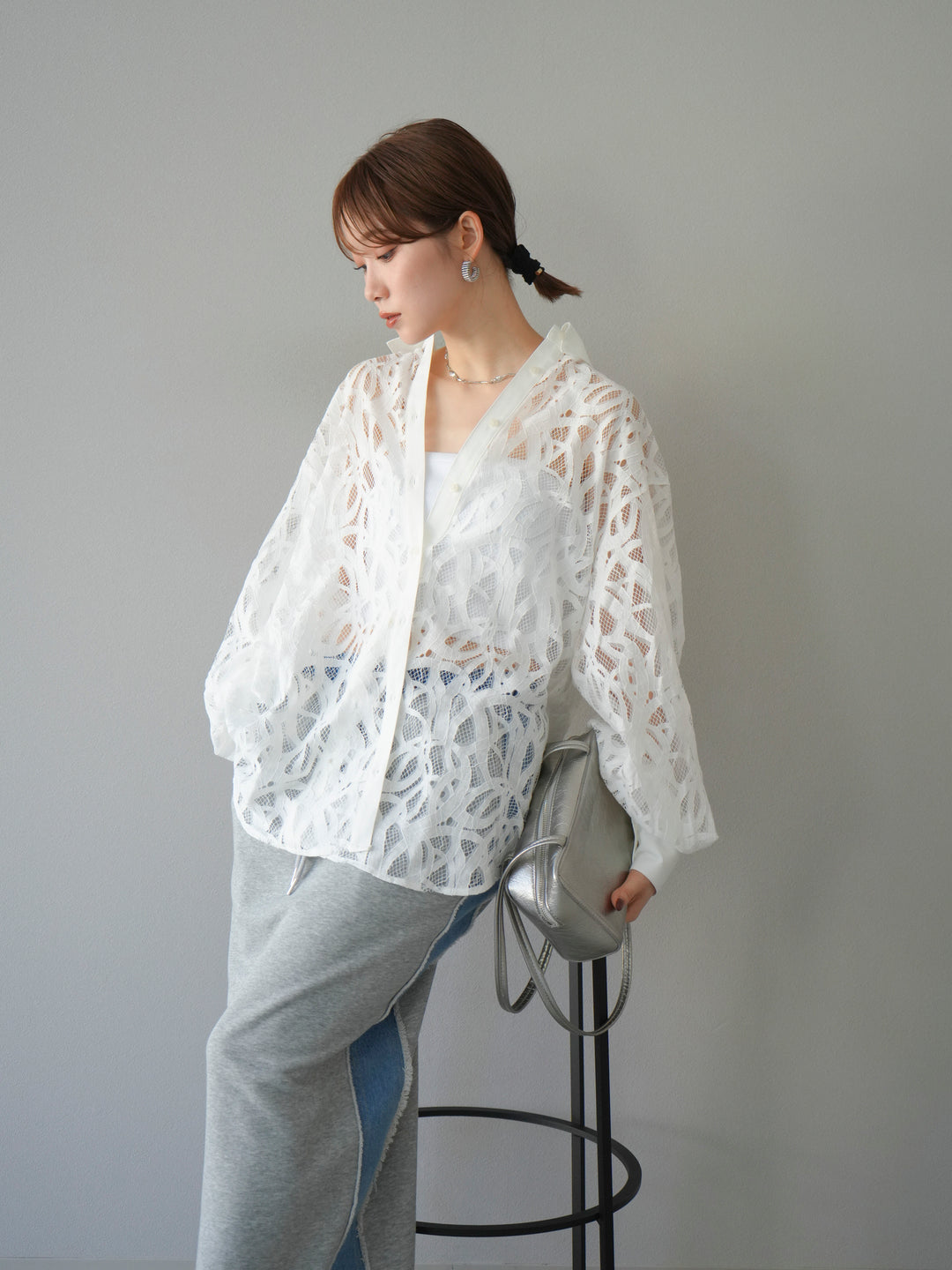 [SET]コードレースオーバーシャツ+デニムドッキングスウェットスカート(2set)