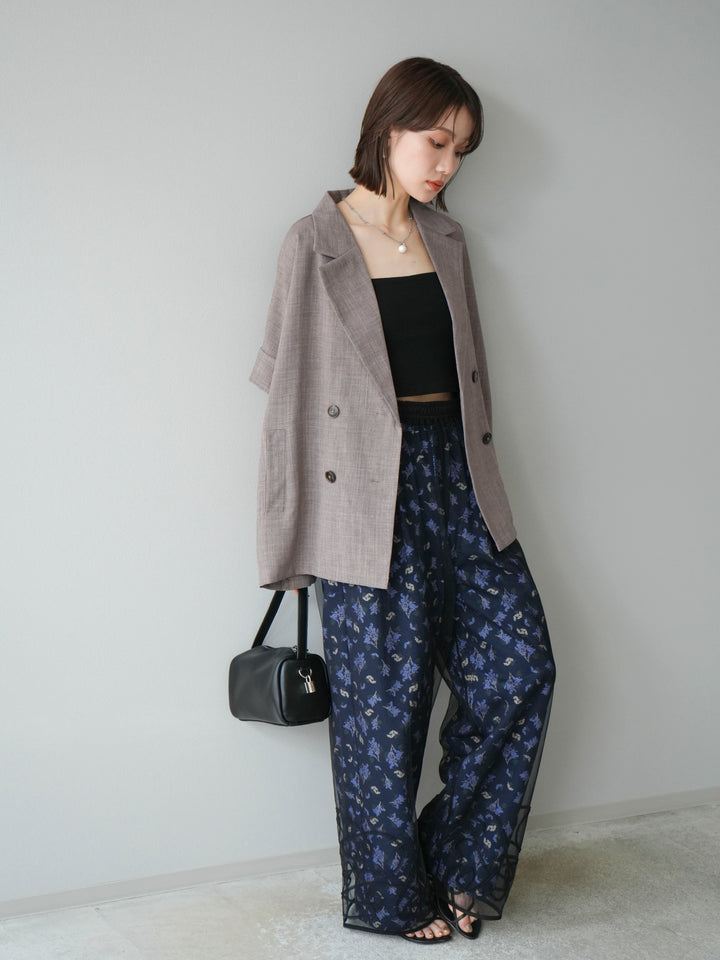 [SET]リネンライクハーフテーラードジャケット+コード刺繍チュールレイヤードパンツ(2set)