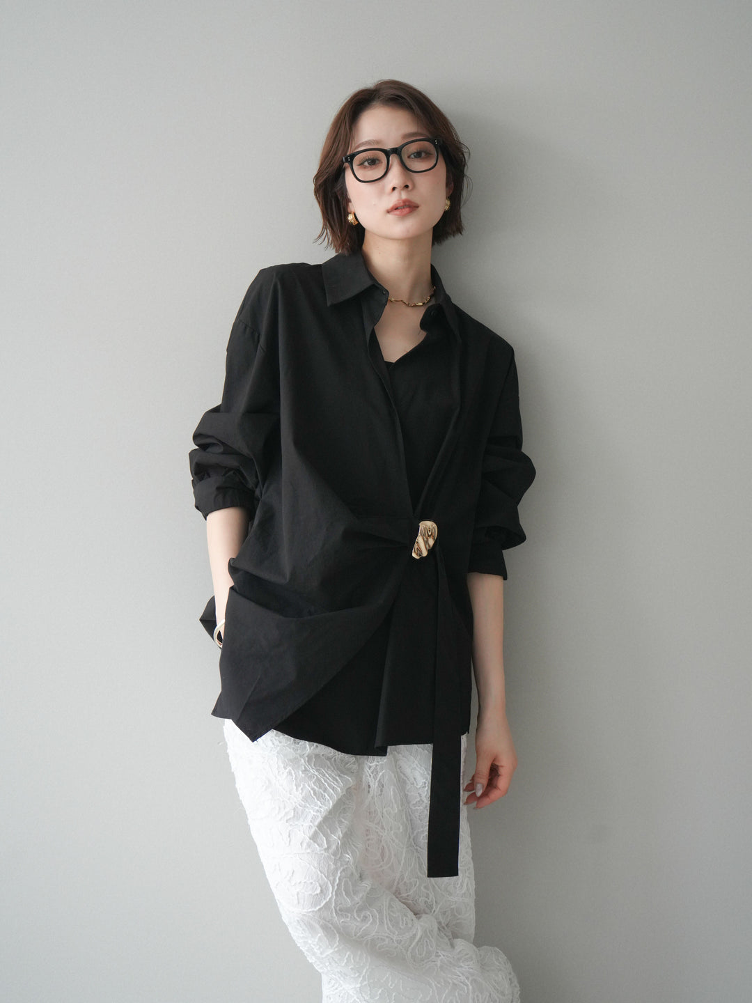 [SET]メタルパーツドレープシャツ+シアーコードレースイージーパンツ(2set)