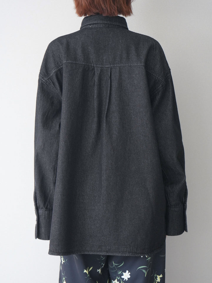 [予約]ポイントレザーオーバーデニムシャツ/black