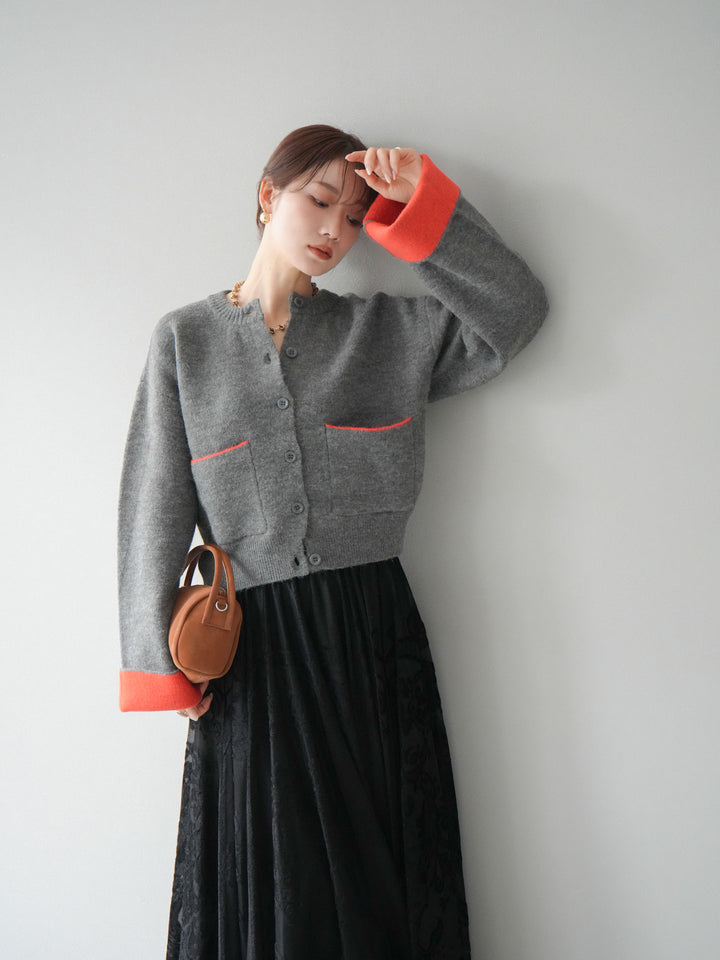 [SET]バイカラーオーバーニットカーディガン+アンティーク柄フロッキーマキシスカート(2set)