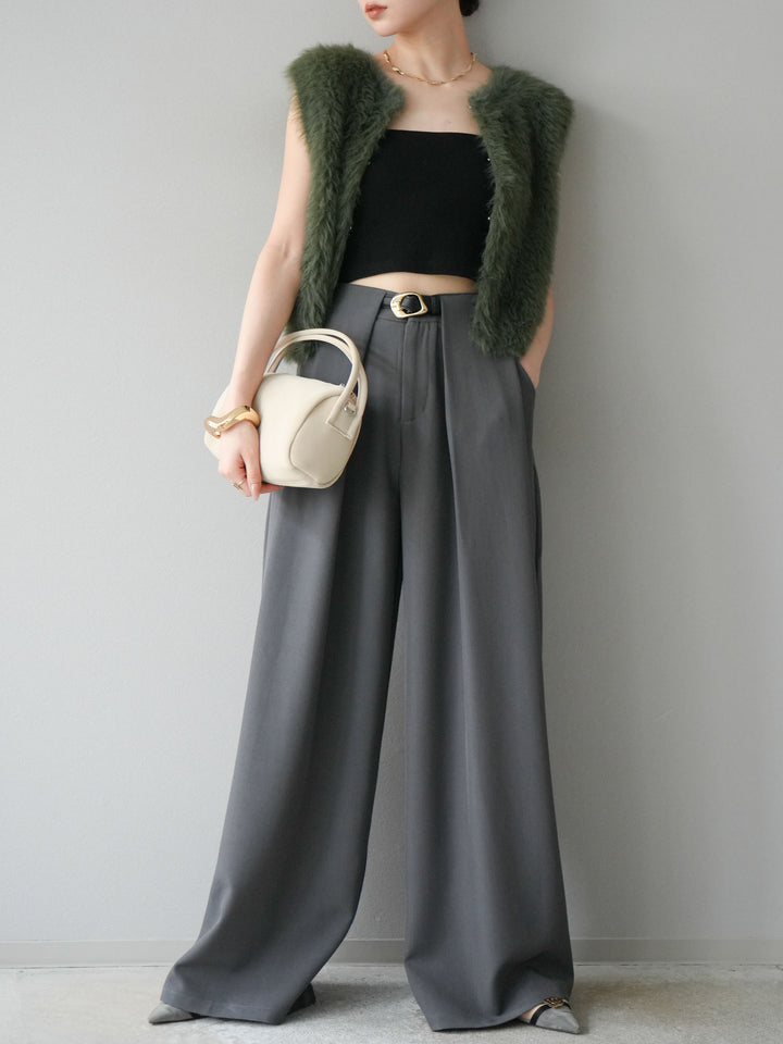 【預購】皮帶環設計寬褲/灰色