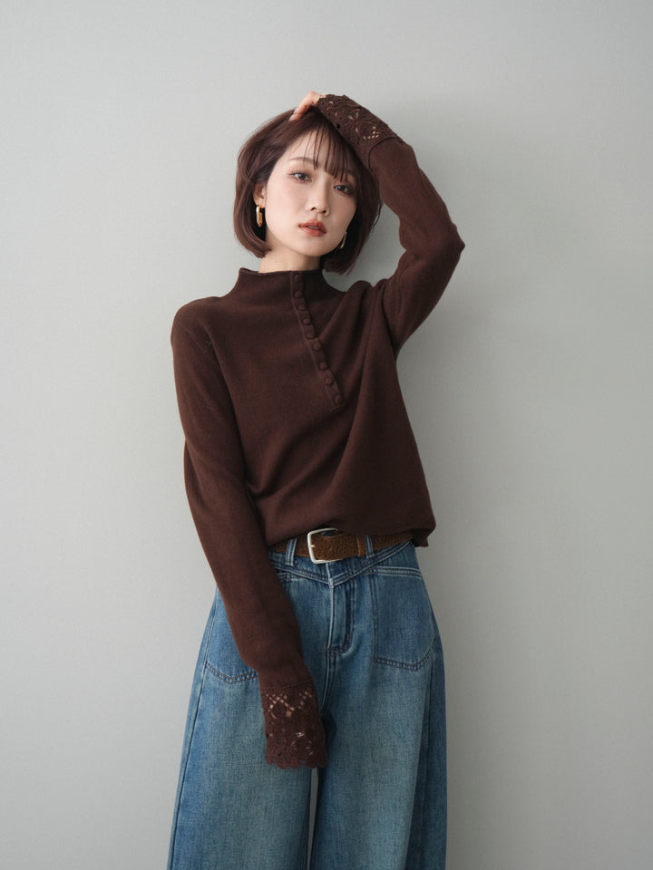 [予約]袖スカラップレースフロントボタンウールニットトップス/brown