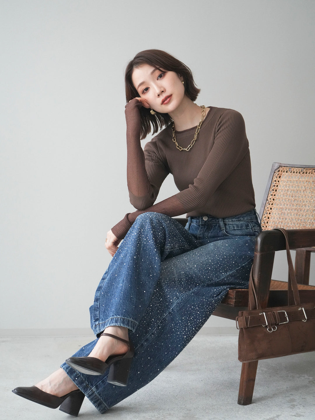 [SET]リブラメシアー切替リブニットトップス+ラインストーンカーブデニムパンツ(2set)