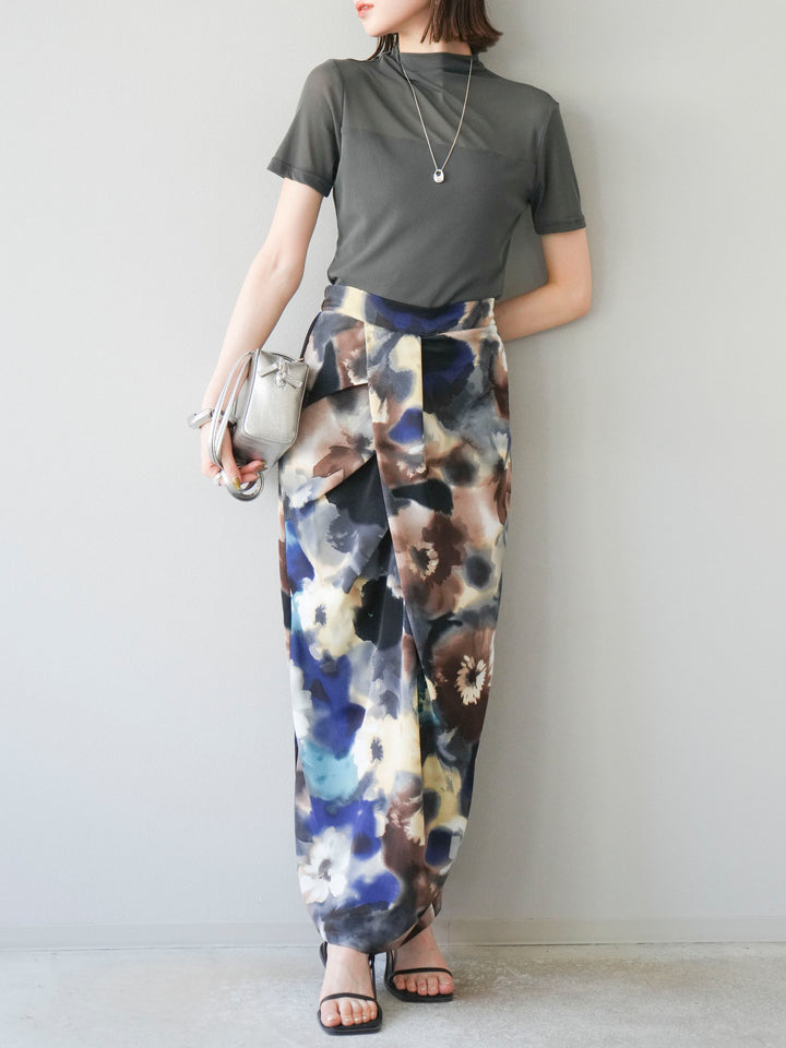 [SET] 透視半袖上衣 + 水彩印花褶襉I字裙 (2set)