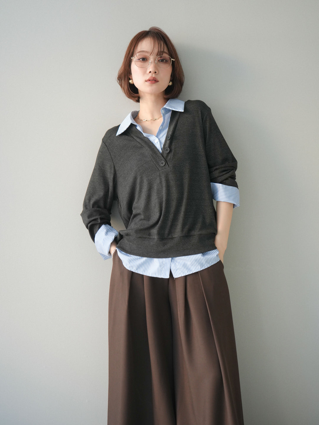 [予約]シャツレイヤードデザインカットプルオーバー/charcoal