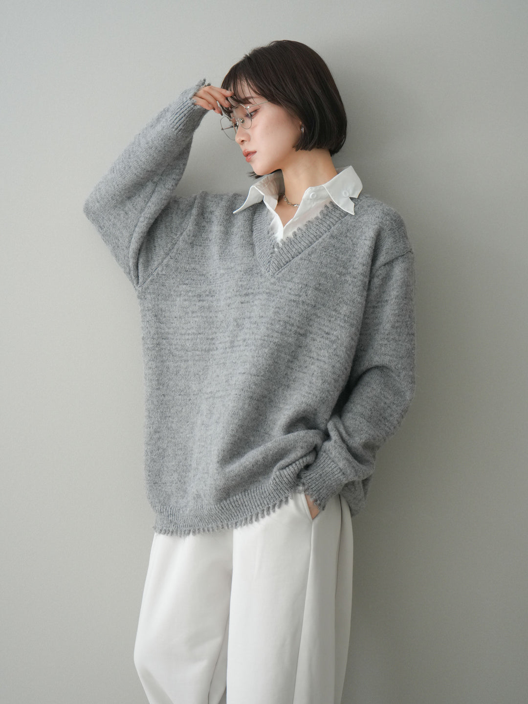 [予約]シャツドッキングVネックフリンジニットプルオーバー/gray