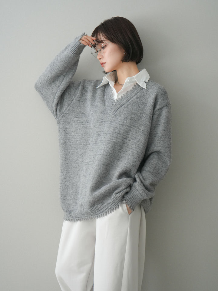 [予約]シャツドッキングVネックフリンジニットプルオーバー/gray