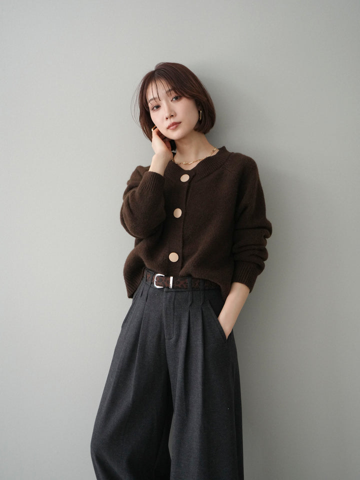 [SET]BIGボタンニットカーディガン+アニマル柄ベルト付きウールタッチワイドパンツ(2set)