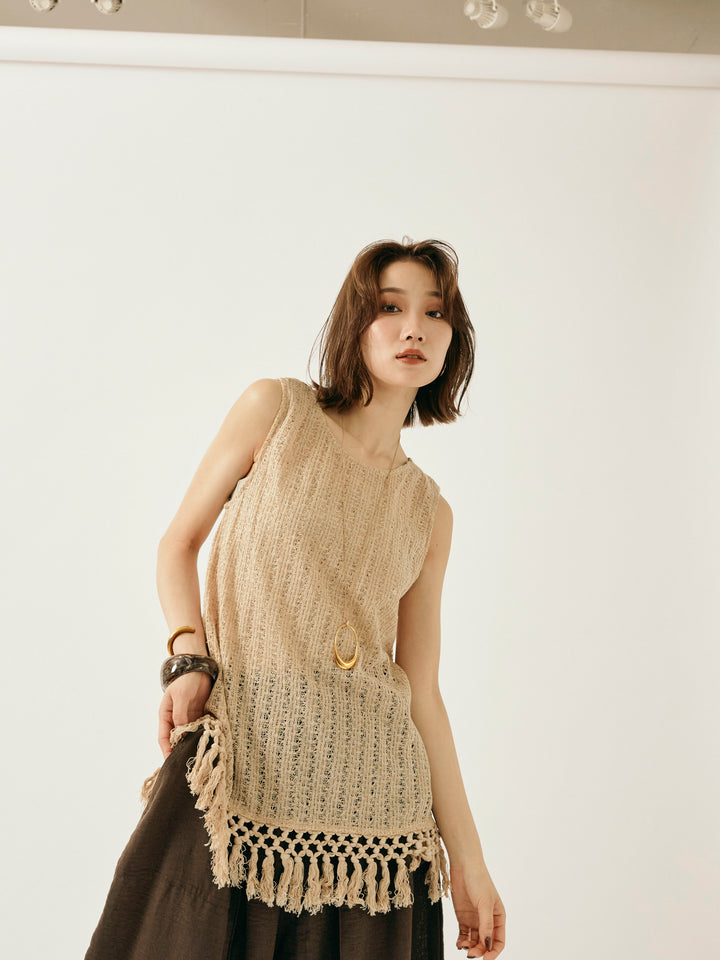 [予約]フリンジ透かし編みニットベスト/ベージュ