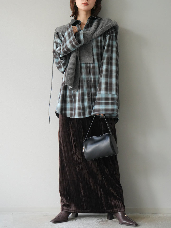 [SET]レザー襟オンブレチェックオーバーシャツ +クラッシュベロアナロースカート(2set)