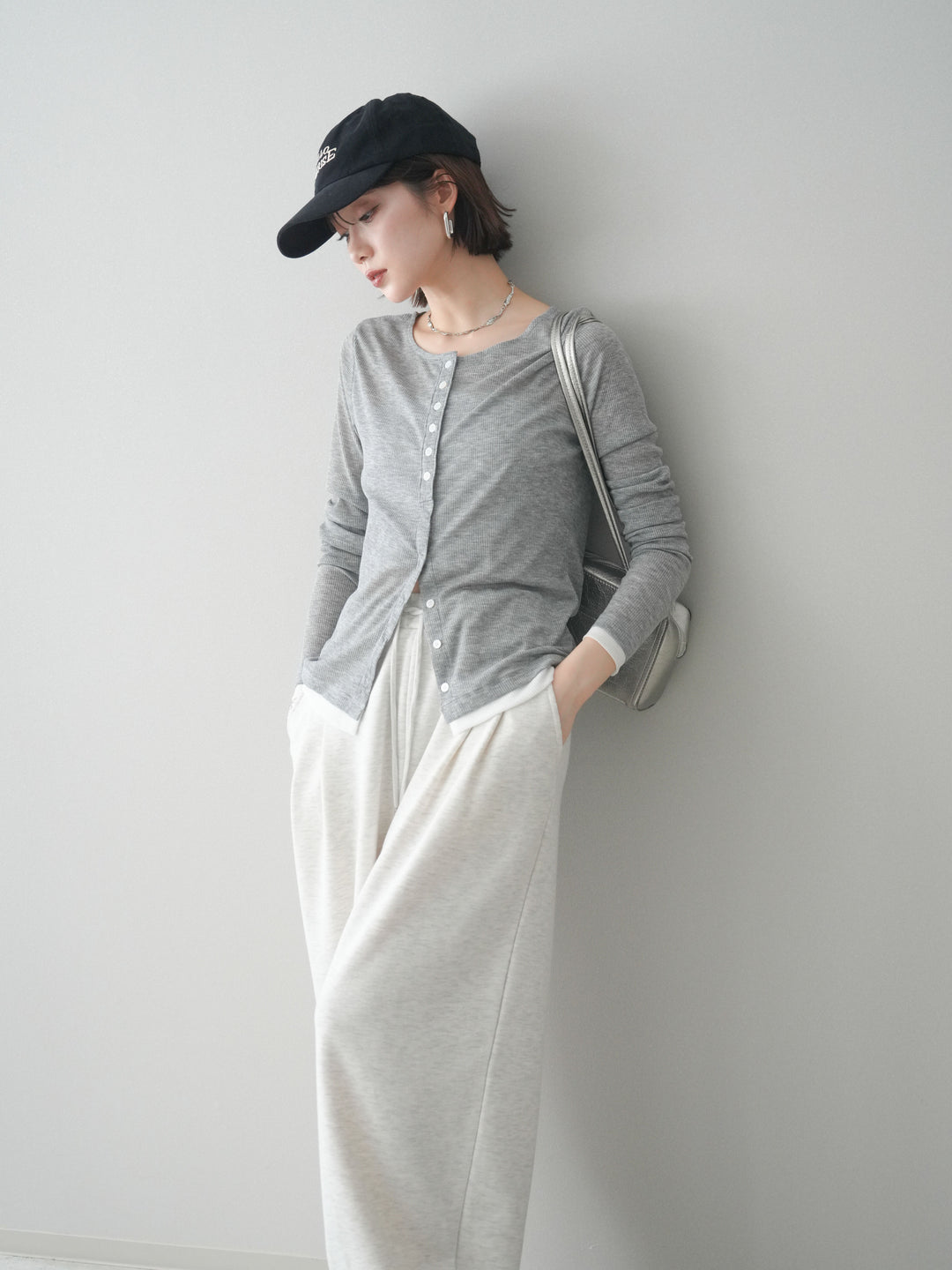 [予約]シアーリブバイカラーカーディガン/gray