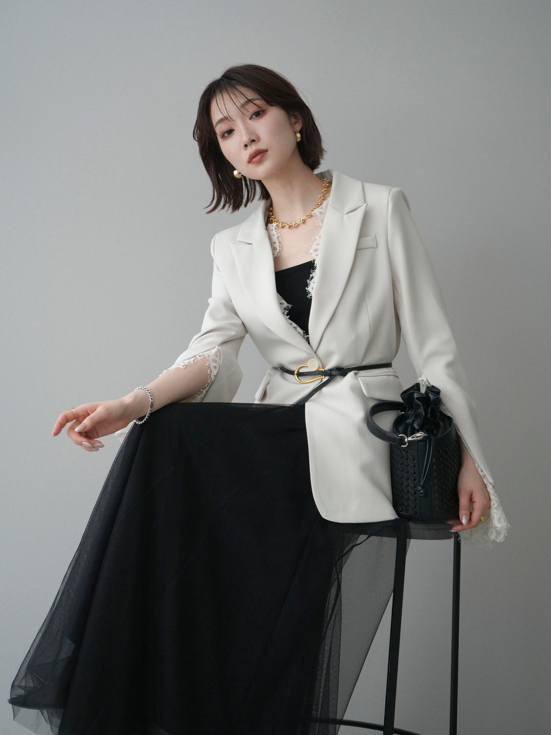 [SET]レースレイヤードスリットジャケット+チュールボリュームスカート(2set)