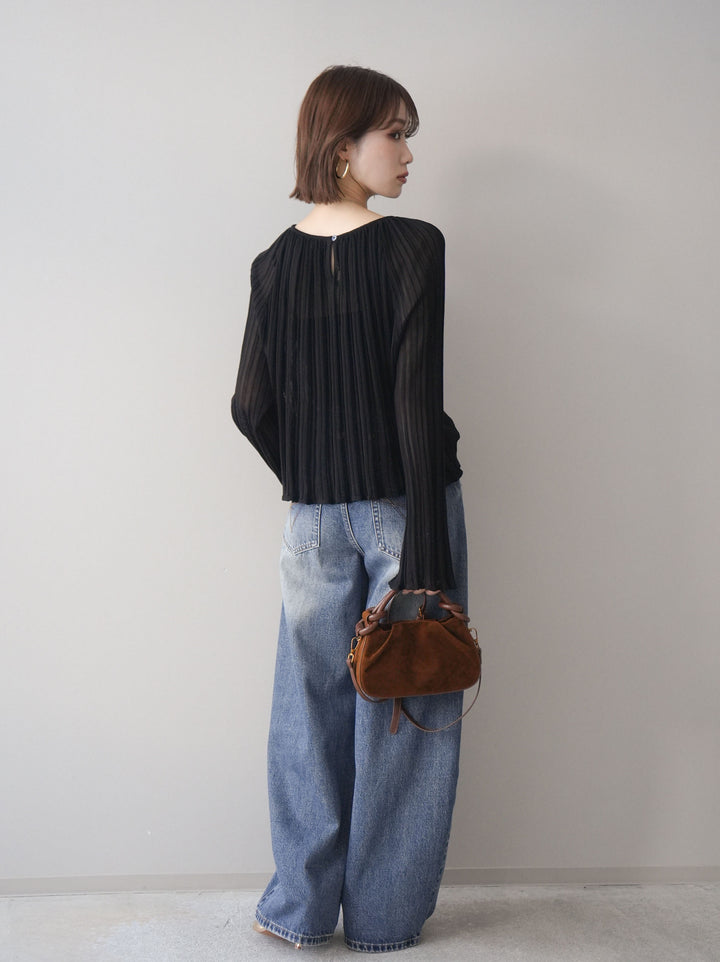 [SET]プリーツシアーフレアスリーブニットトップス+ダメージデニムセミワイドパンツ(2set)