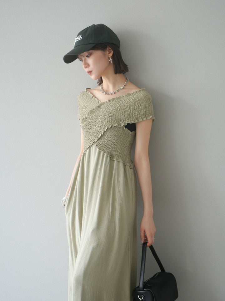 [予約]シャーリングクロスワンピース/グレージュ