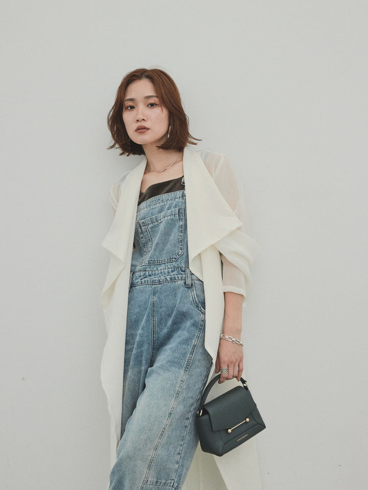 [SET] 中縫牛仔背帶褲 + 透視長版外套（2 件組）