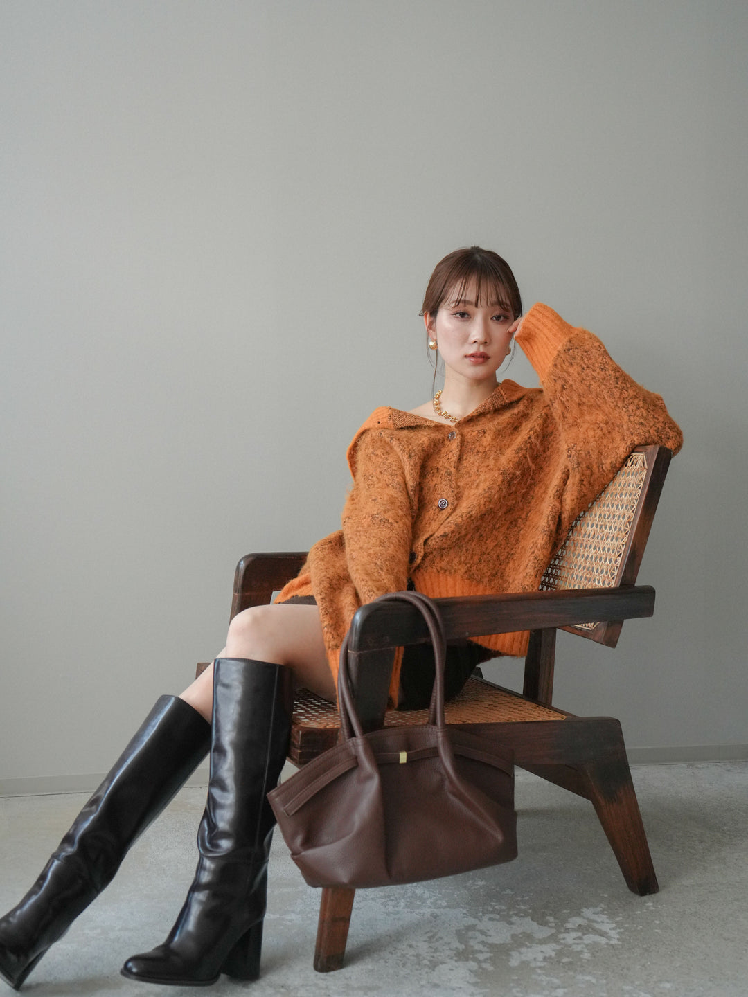 [予約]リブ切替メランジニットカーディガン/orange