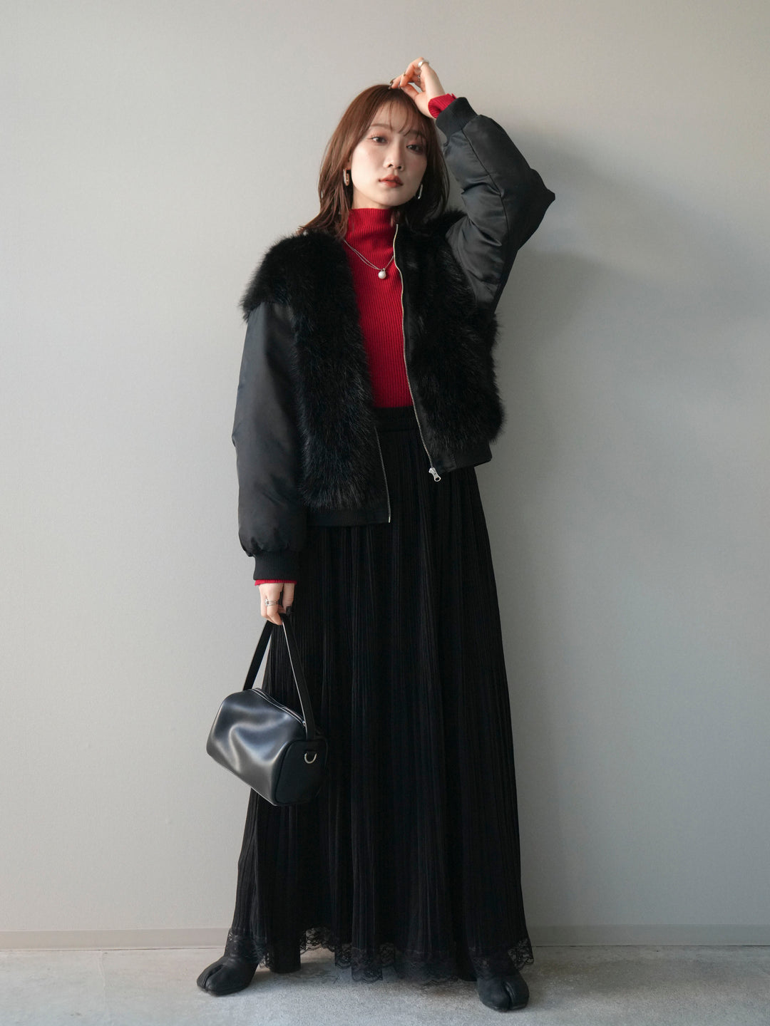 [SET]ファードッキングMA-1+袖ボタンボトルネックリブニットトップス+裾レーススウェードプリーツマキシスカート(3set)