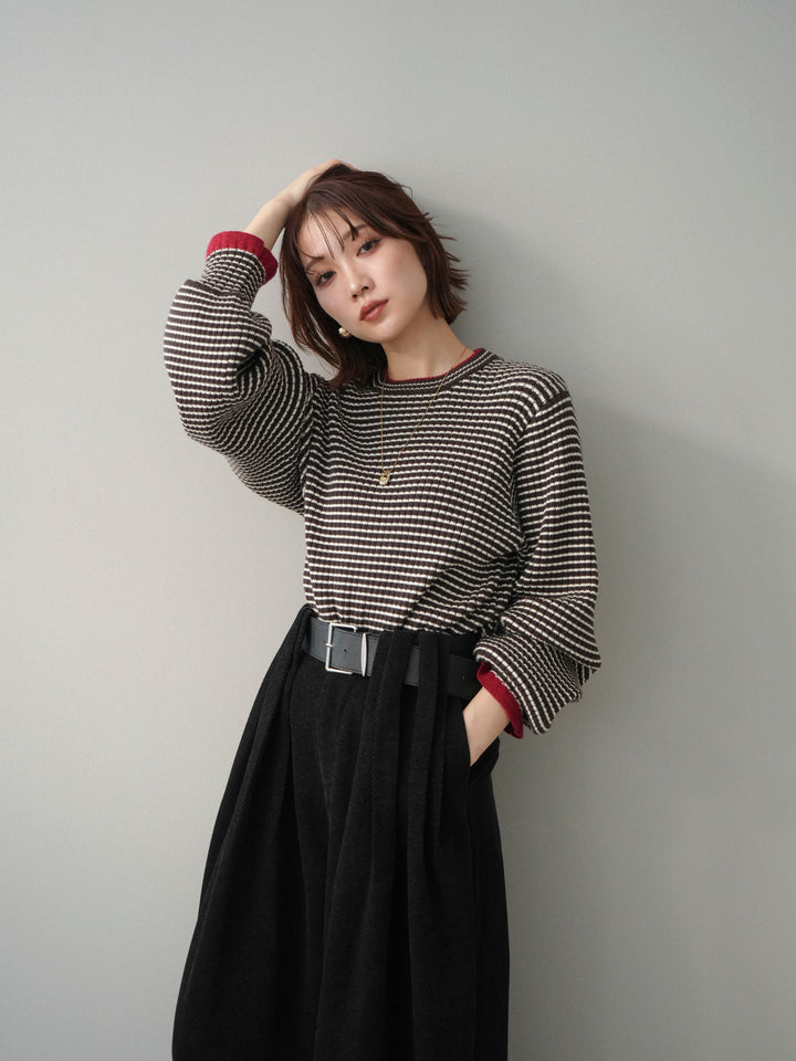 [予約]ラメ異素材ボーダーリブニットプルオーバー/brown×red