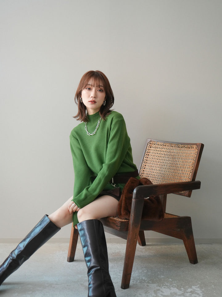 [予約]ボトルネック裾カールリブニットトップス/green