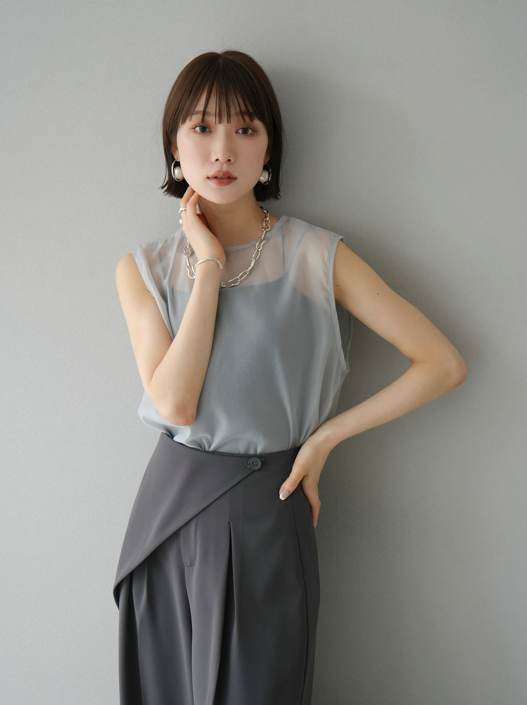 [SET] Organza sleeveless top + wrap wide pants (2set)