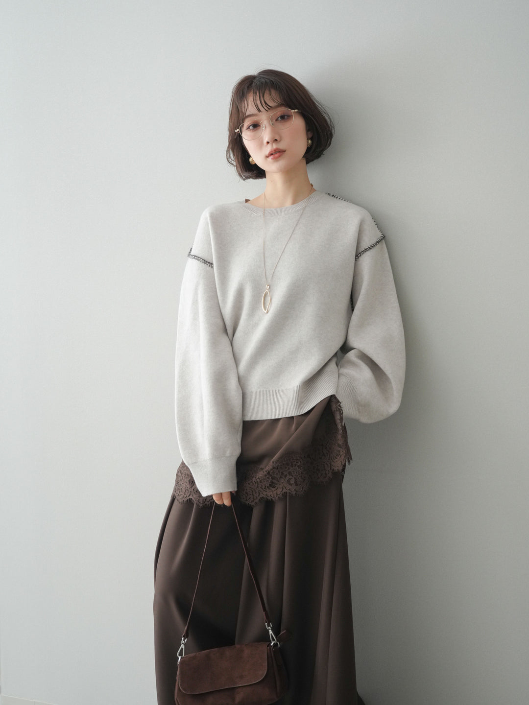 [SET]バックロゴ刺繍配色ステッチニットプルオーバー+選べるアクセセット(2set)