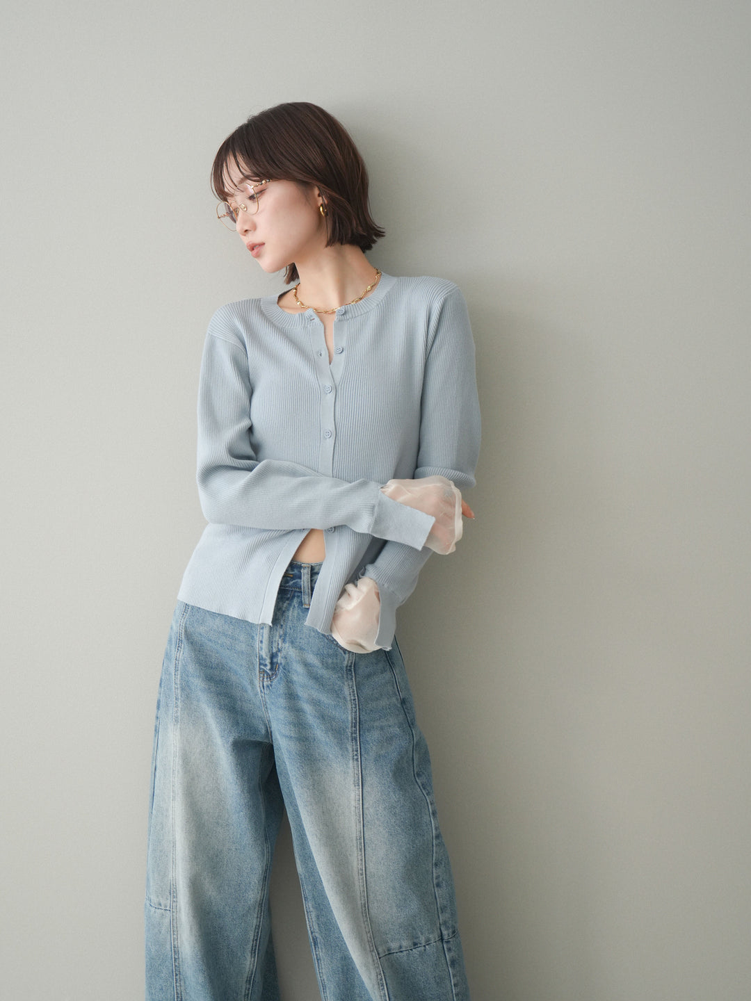 [予約]配色袖チュールリブニットカーディガン/blue