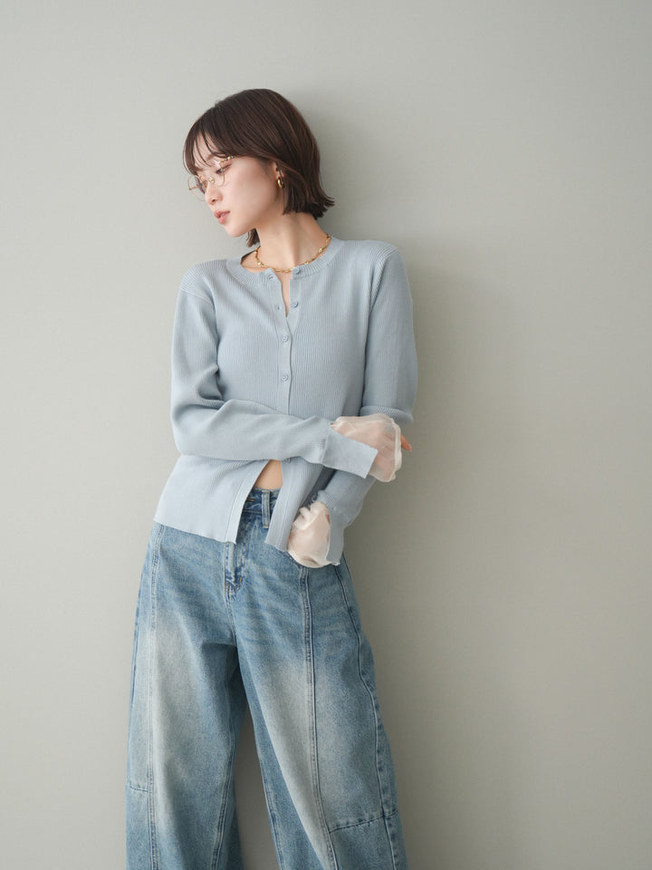 [予約]配色袖チュールリブニットカーディガン/blue