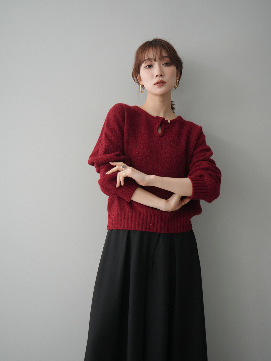 [予約]ツイストネックラメネップヤーンニットプルオーバー/red