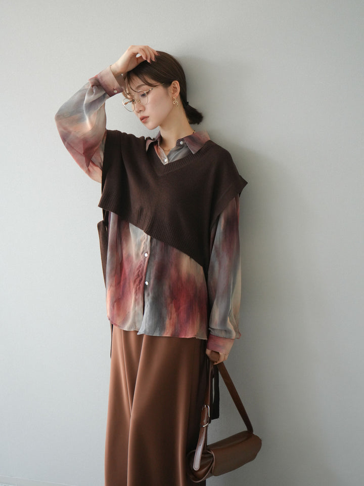 [予約]サイドリボンVネックショートニットベスト/ブラウン