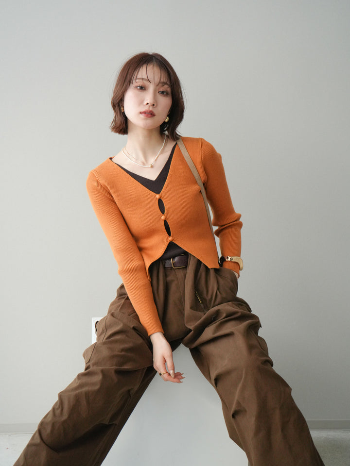[予約]Vネック配色レイヤードスリットニットトップス/orange
