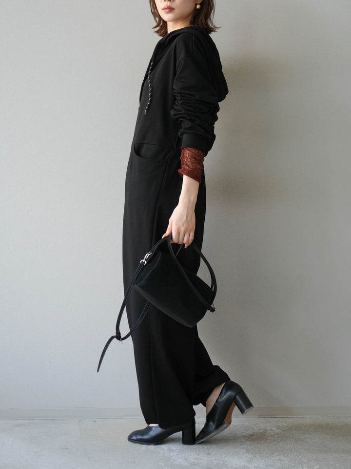 [予約]ミニ裏毛フーディージャンプスーツ/ブラック