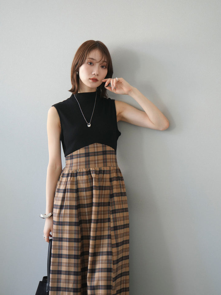 [SET]テレコ×チェックドッキングノースリワンピース+選べるアクセセット(2set)