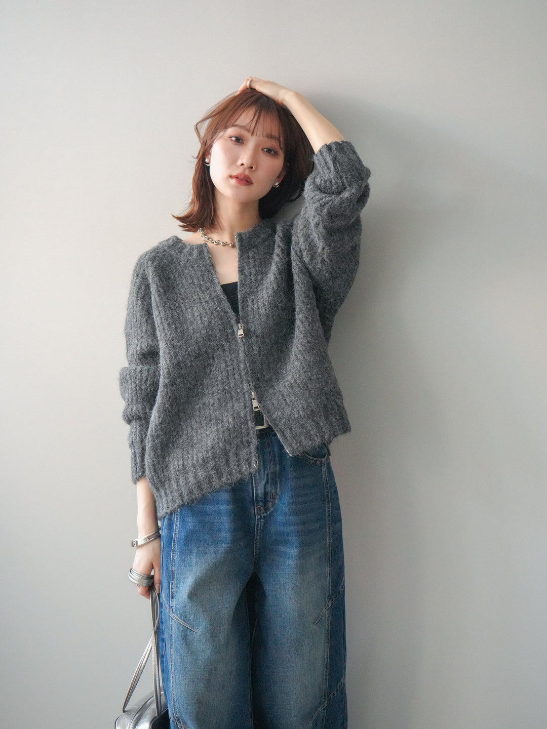 [予約]MIXヤーンモヘアタッチZIPニットカーディガン/gray