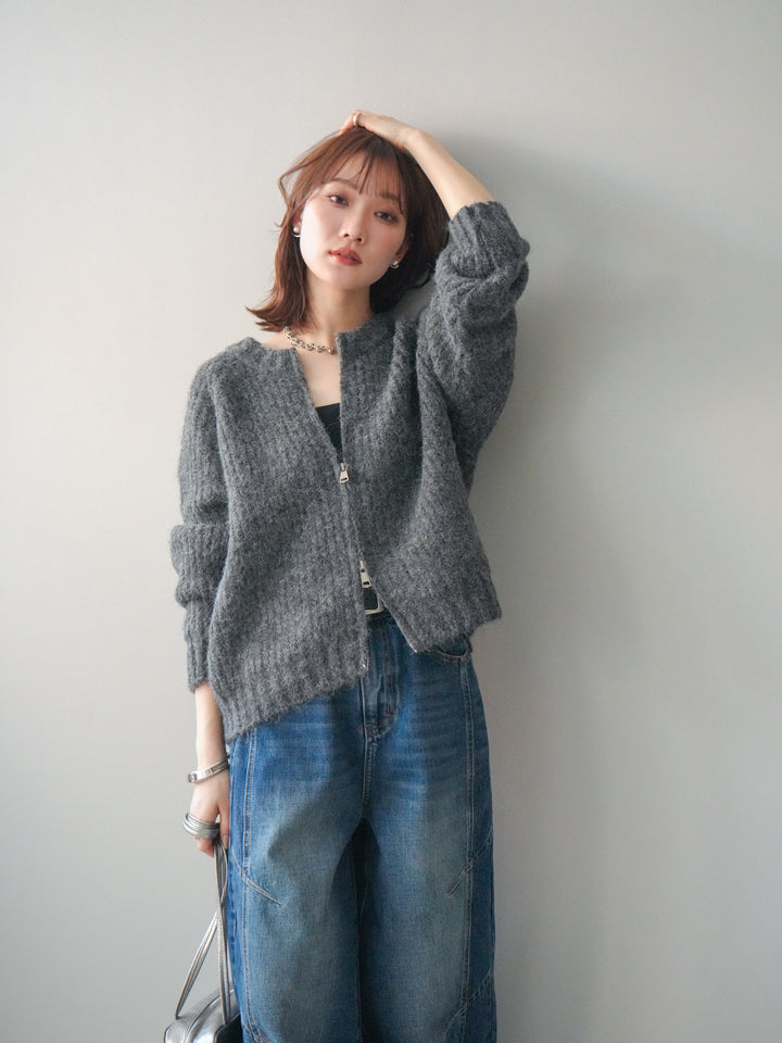 [予約]MIXヤーンモヘアタッチZIPニットカーディガン/gray