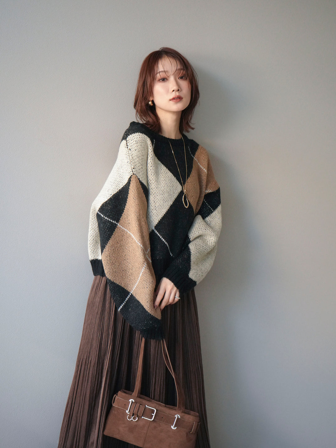 [SET]配色ステッチアーガイル柄ニットプルオーバー+裾レーススウェードプリーツマキシスカート(2set)
