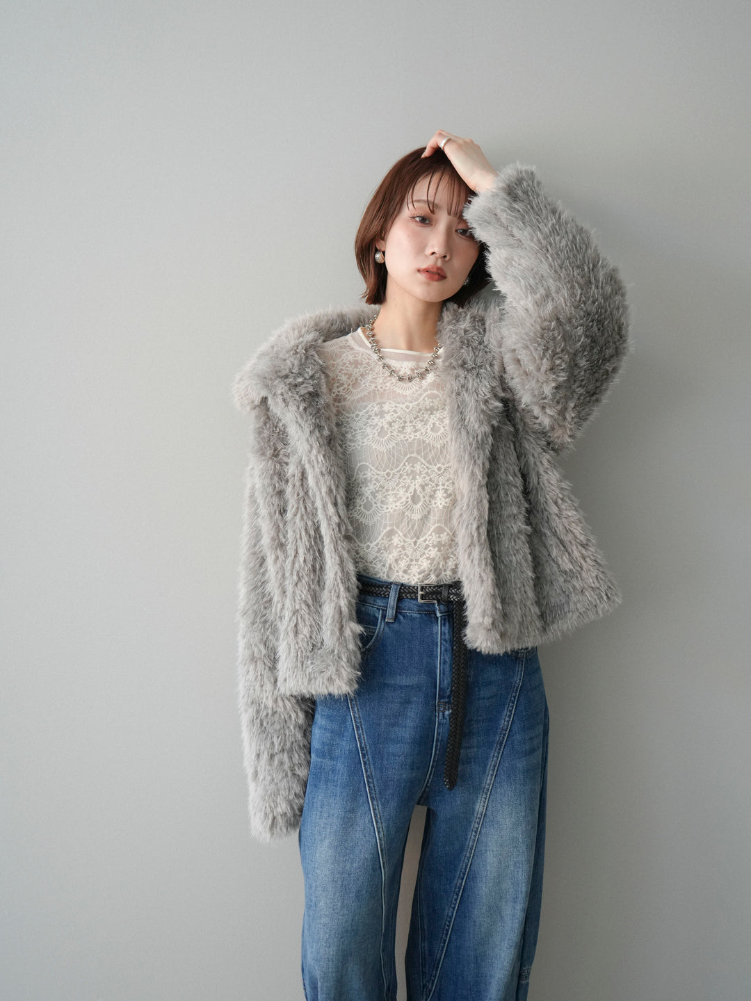 [SET]フェイクファー襟付きショートブルゾン+チュールレーストップス(2set)