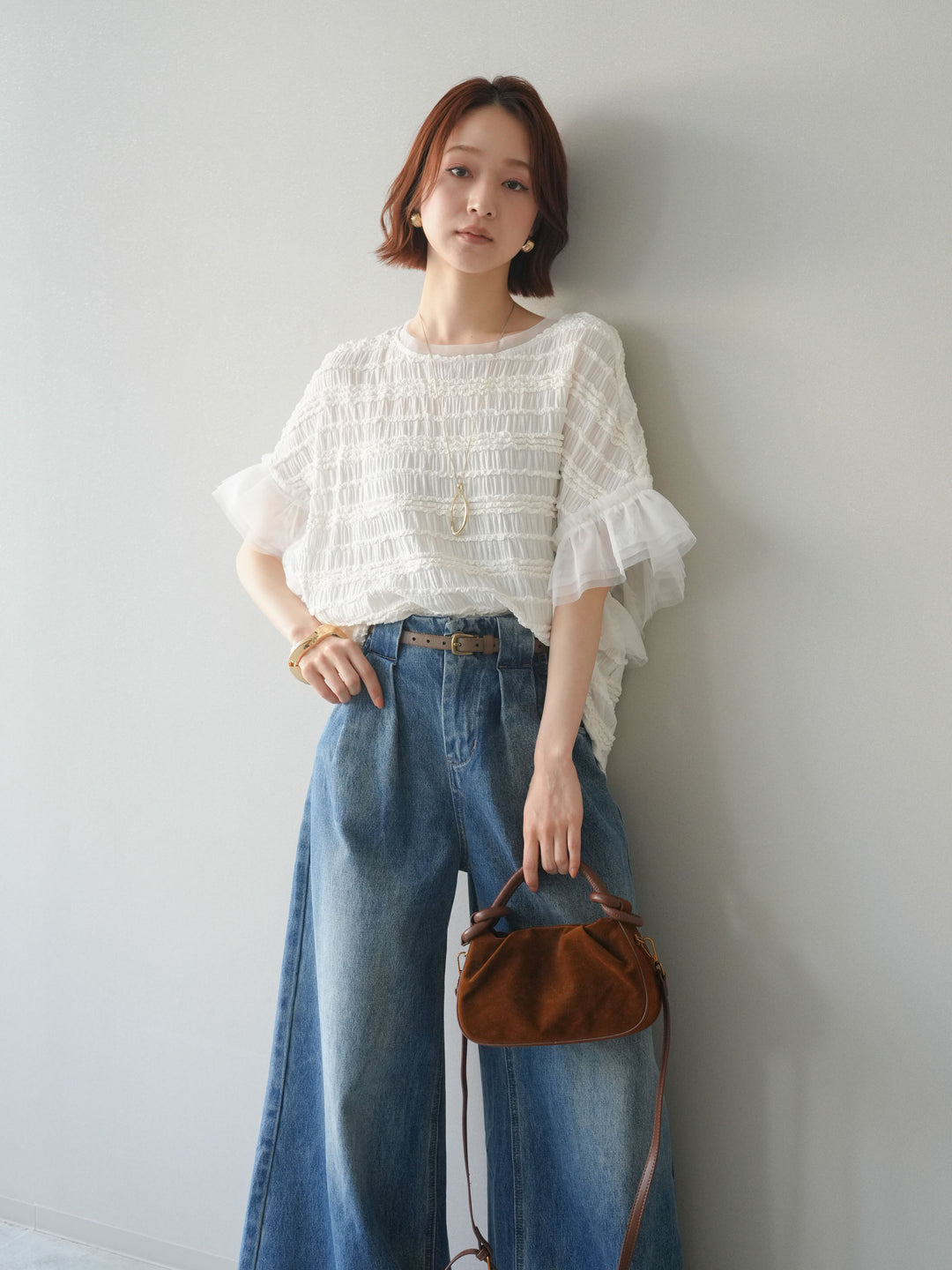 [予約]チュール袖リップルトップス/white