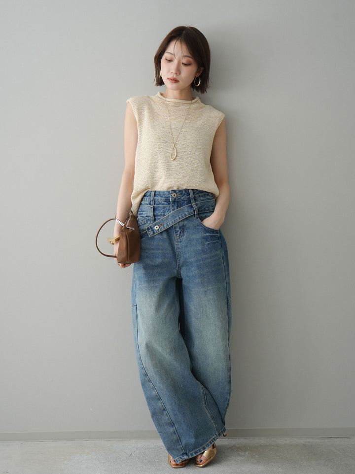 【套裝】無袖亞麻質感透視針織套頭衫 + 不對稱闊腿牛仔褲（兩件套）