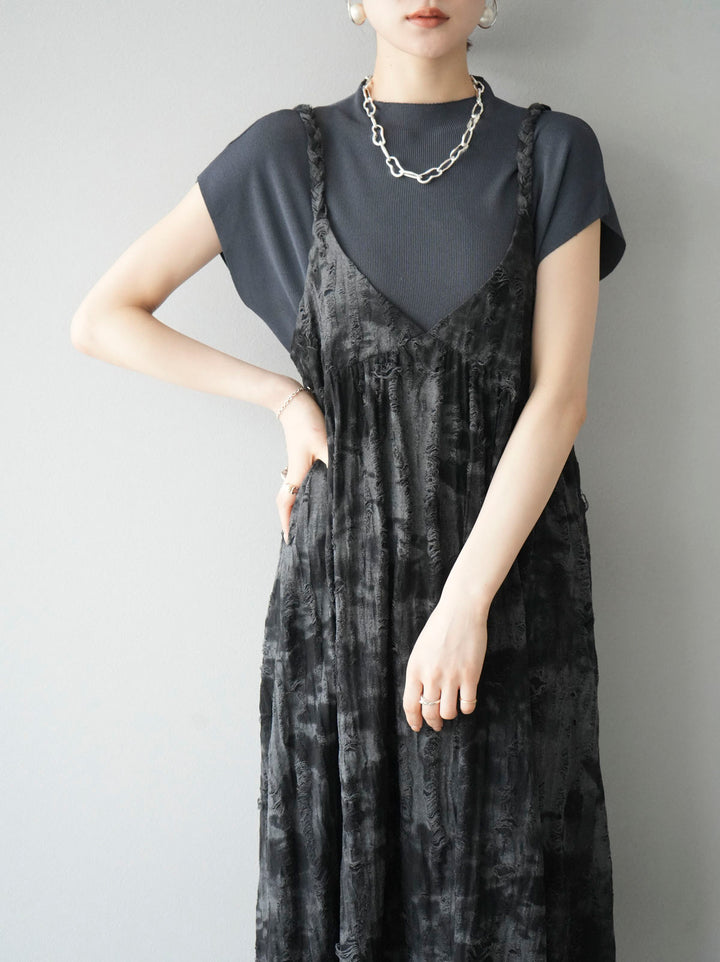 [Pre-order] Damaged Nuance Pattern Braided String Cami Dress/Black