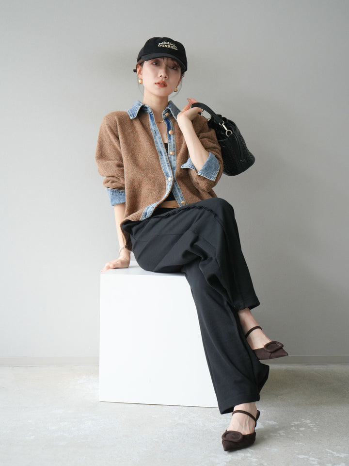 【着回しセット】[SET]デニム襟ボタンニットカーディガン+デニム襟ボタンニットカーディガン+2WAYデザインスウェットパンツ(3set)