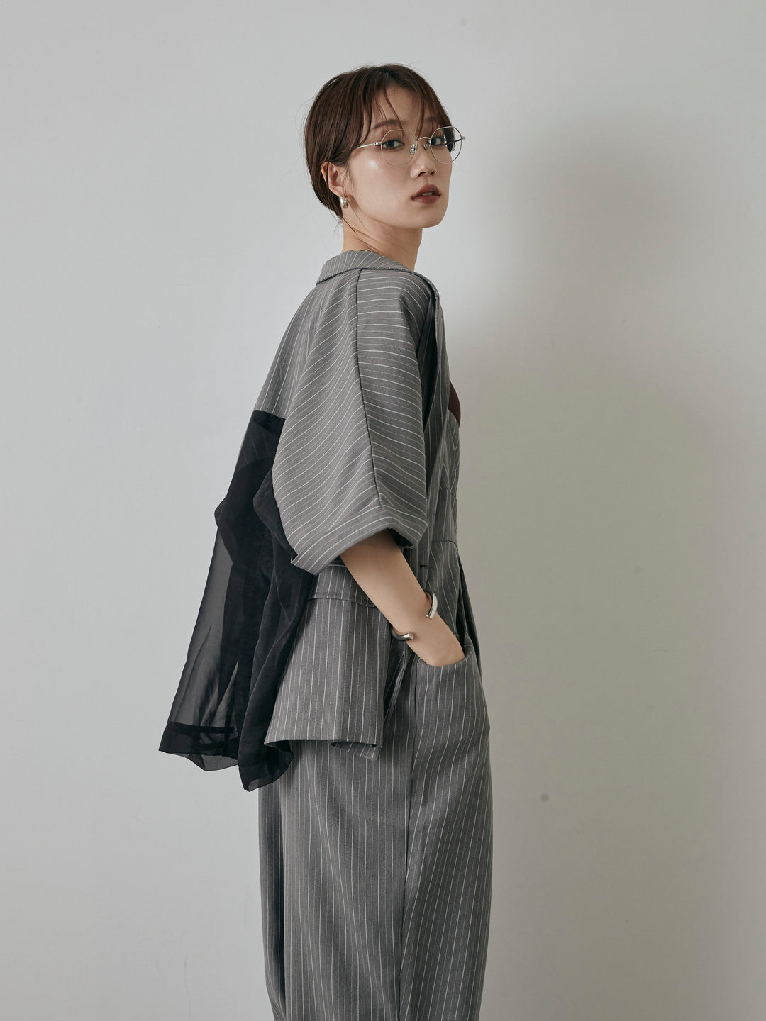 [予約]ヘリンボーンストライプサロペット/チャコール