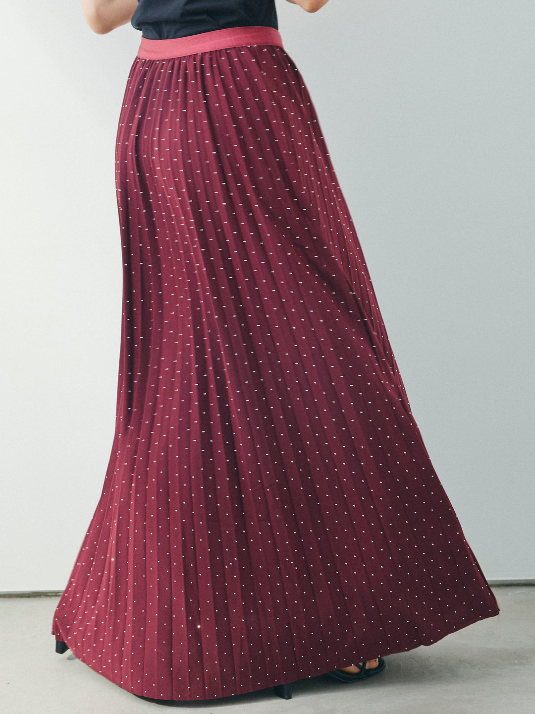 [予約]ラインストーンプリーツスカート/バーガンディー