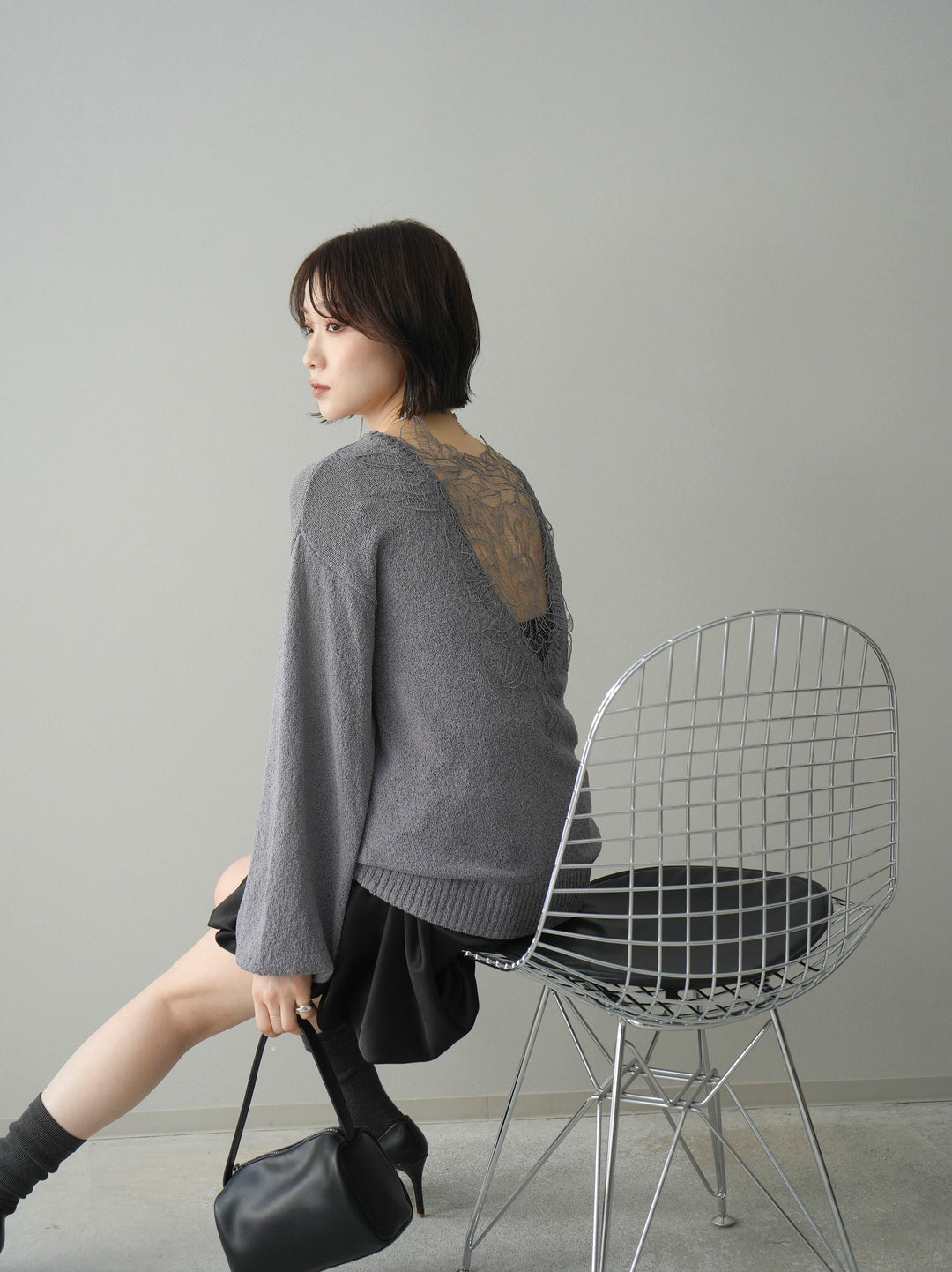 [予約]バックシアーフラワーレースニットプルオーバー/gray