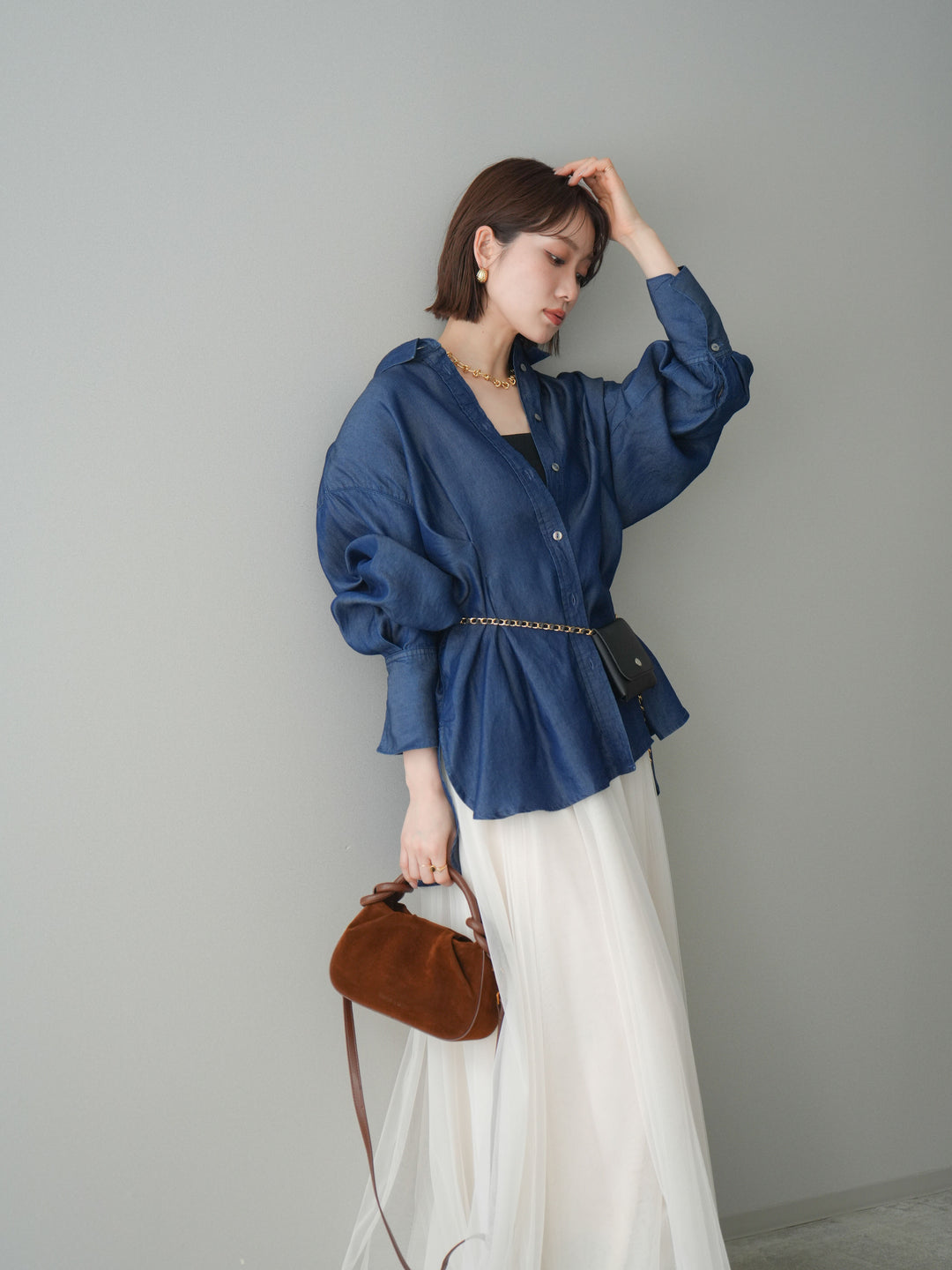 [SET]テンセルデニムタックシャツ+チュールボリュームスカート(2set)