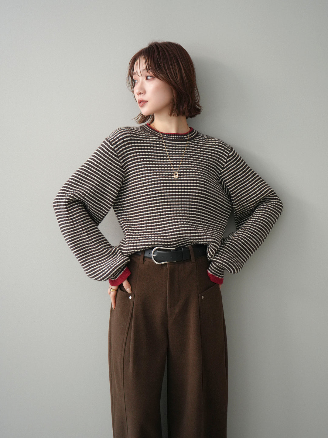 [予約]ラメ異素材ボーダーリブニットプルオーバー/brown×red