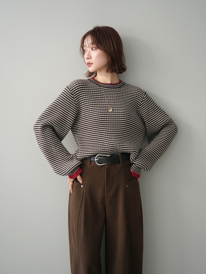 [予約]ラメ異素材ボーダーリブニットプルオーバー/brown×red