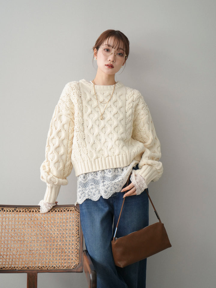 [SET]バルキーケーブルクロップドニットプルオーバー+チュールレーストップス+裏起毛裾フリンジワイドデニムパンツ(3set)