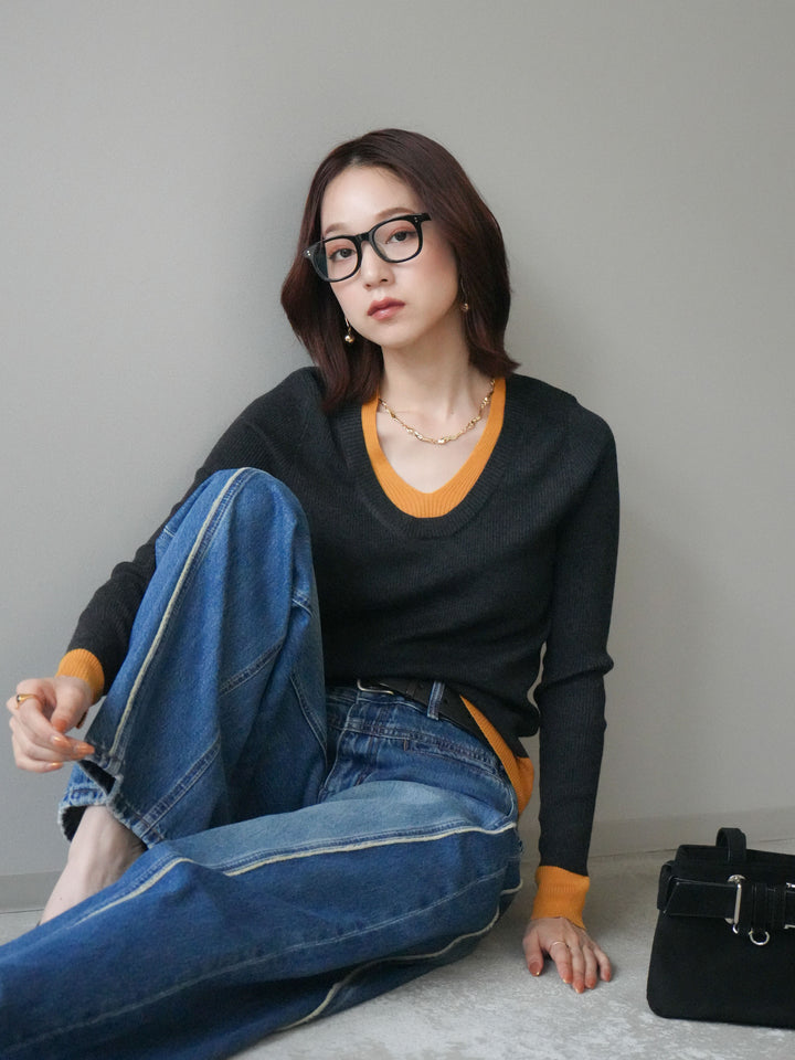 [SET]Uネック配色レイヤードリブニットトップス+サイドフリンジワイドデニムパンツ(2set)