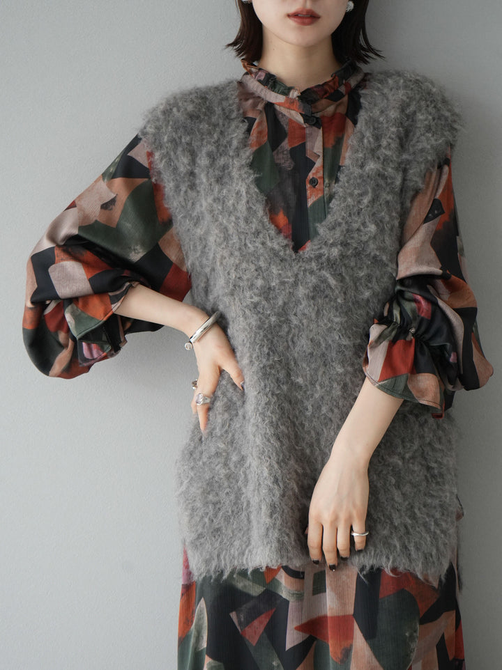 [予約]ウール混ミックスヤーンニットベスト/モカ